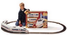 Competing with airliners for intercity passengers, these sleek, high-speed trains offer amenities like comfortable seating and mobile offices. Includes one powered end unit, one intermediate car, one unpowered end unit, an oval of track (1990 mm wide), UL-listed power pack, quick-connect cable and everything you need to enter the World of LGB at full speed!