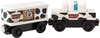 The people on the Island of Sordor need milk, and they can always count on the Sodor Dairy Cars to deliver it. The children especially love to see the Dairy Cars as they pass by.
Slide the door on the cow car and hear the cows moo!